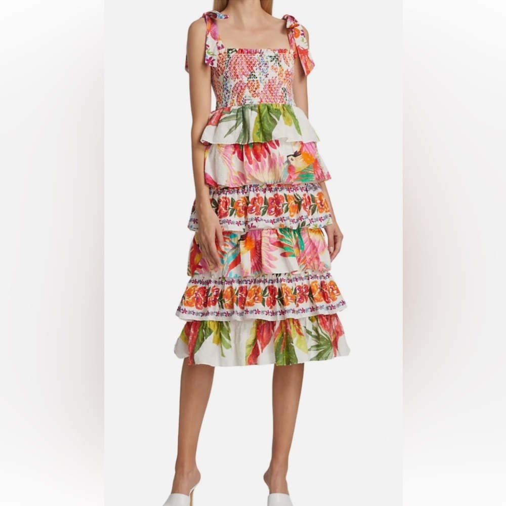 Farm Rio Mixed White Prints Layered Tropical Floral Tiered Linen Smocked Dress M